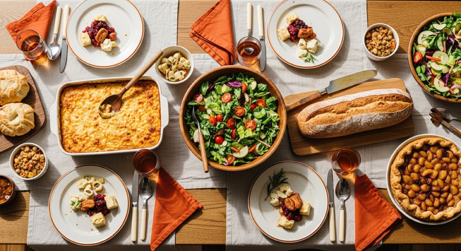 Overhead view of a potluck table with casseroles, salads, bread, and pie