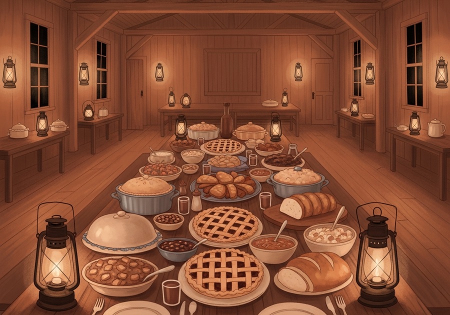 Illustrated 19th-century community potluck supper with pies, casseroles, and lantern light