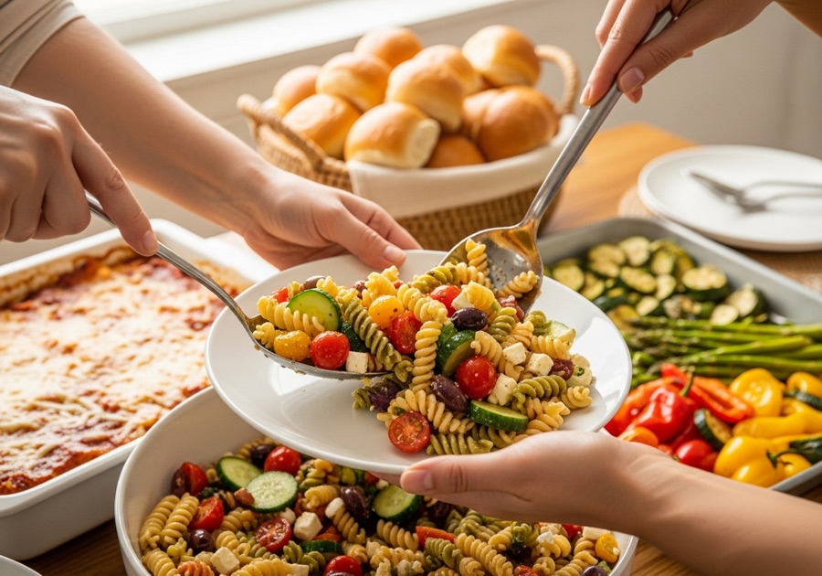 Hands serving pasta salad onto a plate at a casual potluck with lasagna, rolls, and roasted vegetables